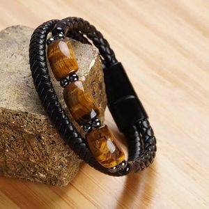 Leerella Echt Leer Dames en Heren Gevlochten Dubbellaagse Armband met Tijgeroog Natuursteen en Roestvrijstalen Magnetische Sluiting 20.5 cm - Stijlvol Unisex Sieraad voor Dames en Heren"" Moederdag, Vaderdag, Verjaardag, Valentijnsdag