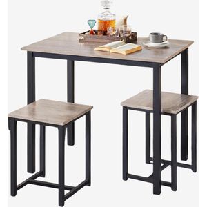 LifeStages - Bartafel Met Barstoelen - Bartafelset - 90 x 60 x 75 cm - Bartafel - Met - 2 Barkrukken - Bistrotafel - Eettafel - Keukentafel - Hout - Eetgroep - Voor - Keuken - Industrieel - Ontwerp - Grijs - Zwart