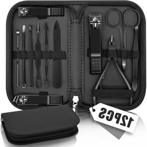 12 Pieces Pedicure Tools & Accessories Professional Nail Kit for Home Nail Care - Includes Black Leather Travel Bag
