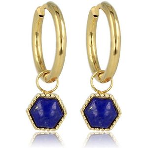 *Oorbellen goud zeshoek met Lapis Lazuli edelsteen - Gouden oorringen met zeshoek Lapis Lazuli edelsteen - Met luxe cadeauverpakking