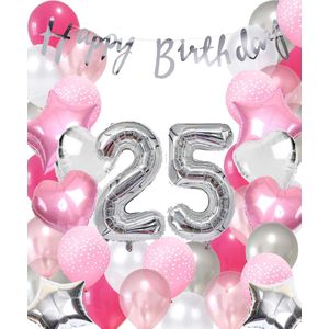 Snoes Ballonnen 25 Jaar Pink Blush Silver Mega Ballon - Compleet Feestpakket 25 Jaar - Verjaardag Versiering Slinger Happy Birthday – Folieballon – Latex Ballonnen - Helium Ballonnen - Zilver en Roze Verjaardag Decoratie