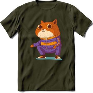 Casual kat T-Shirt Grappig | Dieren katten Kleding Kado Heren / Dames | Animal Skateboard Cadeau shirt - Leger Groen - L