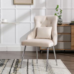 Sweiko Eetkamerstoel met knopen, moderne kussen stoel, metalen been stoel, slaapkamer en woonkamer stoel met taillekussen, beige