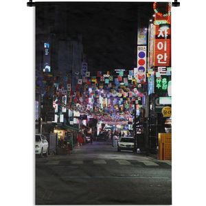Wandkleed Zuid-Korea - Internationale vlaggen hangen in een straat in Zuid-Korea Wandkleed katoen 120x180 cm - Wandtapijt met foto XXL / Groot formaat!