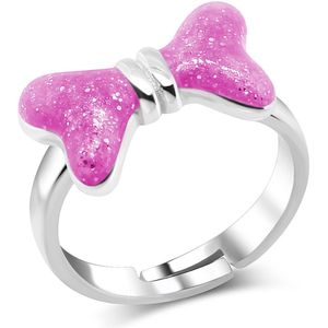 Joy|S - Zilveren strik ring - verstelbaar - roze glitter strikje - voor kinderen