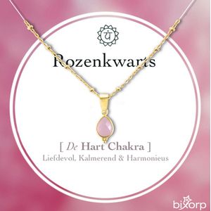 Bixorp Gems Hart Chakra Dames Ketting met Rozenkwarts hanger - 18 Karaat Verguld Goud & Roestvrij Staal - 36cm + 8cm verstelbaar