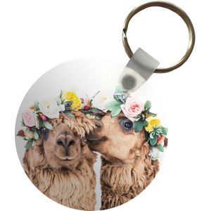 Sleutelhanger - Alpaca - Bloemen - Dieren - Natuur - Plastic - Rond - Uitdeelcadeautjes