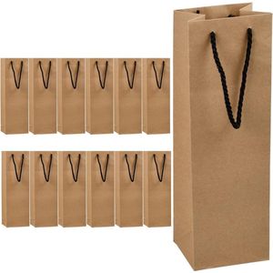 12 stuks geschenktasjes voor wijn - Kraftpapier wijnzakken met handgrepen voor Kerst, feest en verjaardag (bruin)