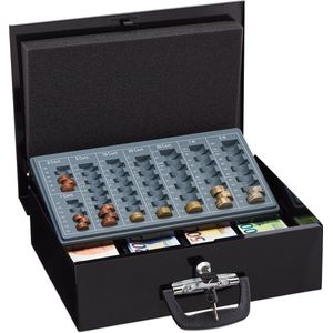 Relaxdays geldkistje met slot en 2 sleutels - geldkluisje met telbord - kleine kassa - zwart