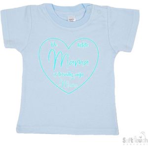 Soft Touch T-shirt Shirtje Korte mouw ""De liefste mama is toevallig mijn mama"" Unisex Katoen Blauw/aqua Maat 62/68