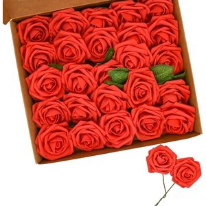 Rozen kunstbloemen, 25 stuks kunstbloemen, schuimrozen met stelen voor doe-het-zelf bruiloftsboeket, Valentijnsdag, party, woondecoratie (rood)