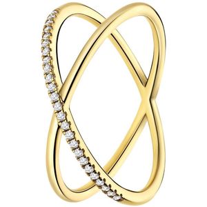 Lucardi Dames Zilveren goldplated ring gekruist met zirkonia - Ring - 925 Zilver - Goudkleurig - 19 / 60 mm