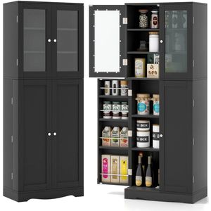 SureDeal® - Hoge Opbergkast - Vrijstaand Keukenbuffet - 60x31 -5x161 -5 cm - MDF -Gehard Glas - Zwart - Met Dubbele Deuren -Anti-Kantelontwerp