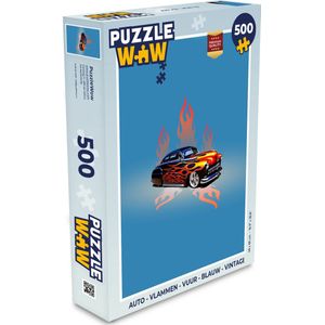 Puzzel Auto - Vlammen - Vuur - Blauw - Vintage - Legpuzzel - Puzzel 500 stukjes