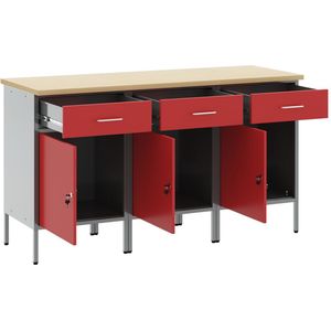 vidaXL - Werktafel - 3-delig - Rood - en - Grijs - van - Geengineerd - Hout - en - Staal