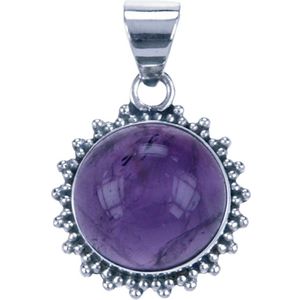 Zilveren Amethyst rond met kartelrand ketting hanger