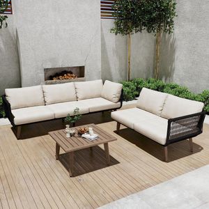Sweiko Tuin loungeset - Hoekbank + salontafel - Gegalvaniseerde stalen buis - Houten tafelblad - Gevlochten touwwerk - Beige + Zwart
