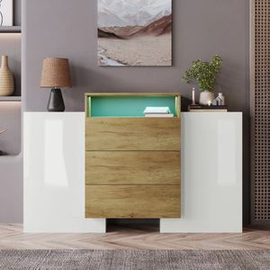 SureDeal® - Dressoir met LED Verlichting - 140x30x77,5 cm - MDF - Wit/Hout - Met Lades & Planken - Modernee vormgeving