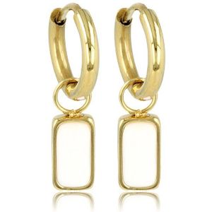 Minimalistische gouden oorbellen met White Aventurine edelsteen - 10mm - Classy combinatie van ronde gouden oorbel met witte Aventurine hanger - Met luxe cadeauverpakking