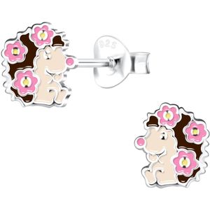 Joy|S - Zilveren egel oorbellen - met roze bloemetjes - 6 x 7 mm - kinderoorbellen