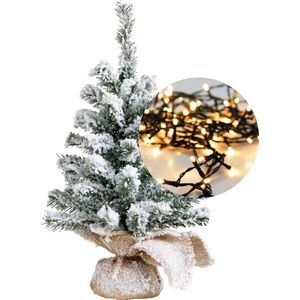 Mini kerstboom - besneeuwd - H45 cm - met kerstverlichting - warm wit - kunstboom
