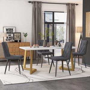 Sweiko Eettafel set (117 x 68cm eettafel, 4 stoelen), rechthoekige eettafel, moderne keuken eettafel set, eettafel en stoelen, donkergrijze twill linnen keukenstoelen, gouden tafelpoten