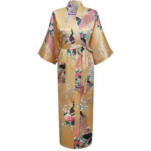 KIMU® Kimono Goud Maxi - Maat L-XL - Yukata Satijn Lang - Lange Gouden Ochtendjas Japanse Kamerjas Sexy Satijnen Badjas Geisha Pauw Pyjama Floral Vest Festival