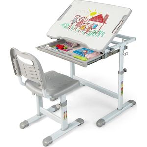 Kinderbureauset in hoogte verstelbaar, kindertafel en stoel met kantelbaar tafelblad en lade, multifunctioneel kinderbureau voor jongens en meisjes (grijs)