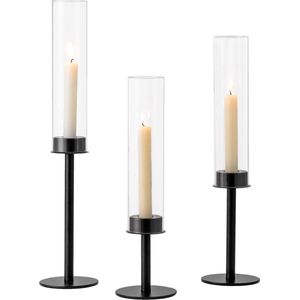 Zwarte kaarsenhouder Taper Candle: 3 metalen taper kaarsenhouders zwart met glazen cilinder zonder voet voor taper kaarsen, kaarsenhouder voor kerstdecoratie, woonkamer, bruiloft, eetkamer