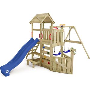 WICKEY speeltoestel klimtoestel GalleyFlyer met houten dak, schommel & blauwe glijbaan, outdoor klimtoren voor kinderen met zandbak, ladder & speel-accessoires voor de tuin