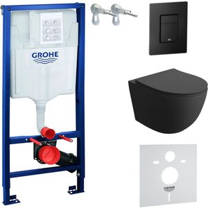 Inbouwreservoir Complete Toiletset Grohe Solido 39069000 - Inbouw WC Hangtoilet Wandcloset Sinto Black - Bedieningsplaat EVEN 3in1 Zwart - Voorwandelement - Installatiesysteem