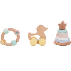 Houten speelgoed - 3-delige geschenkset voor baby's - Stapeltoren - Eend - Grijpring - EverEarth - Pastelkleur