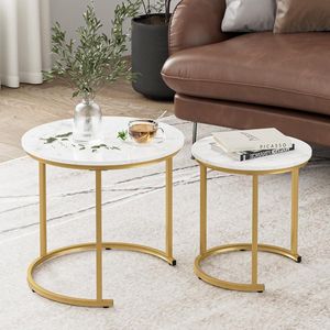 Salontafel rond set van 2, woonkamertafel, bijzettafels goud metaal, koffietafel voor salontafel, woonkamer, slaapkamer, witte inkt goud