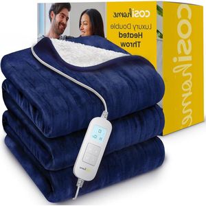 Elektrische Warmtedeken 200 x 150cm - Dubbele Grootte - Fleece & Sherpa Wol - 10 Temperatuurstanden - 10-Uurs Timer - Donker Blauw