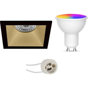 LED Spot Set GU10 - Facto - Smart LED - Wifi LED - Slimme LED - 5W - RGB+CCT - Aanpasbare Kleur - Dimbaar - Afstandsbediening - Pragmi Pollon Pro - Inbouw Vierkant - Mat Zwart/Goud - Verdiept - 82mm