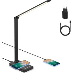 Bureaulamp met Draadloos Opladen en USB-laadaansluiting - Dimbare LED Tafellamp met Oogbescherming - 6W - 10 Helderheidsniveaus - 5 Kleuren - Aanraakbediening - Tafellamp voor Lezers en Kantoor Bureaulamp