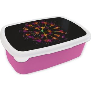 Broodtrommel Roze - Lunchbox - Brooddoos - Bloemen - Oranje - Roze - Zwart - 18x12x6 cm - Kinderen - Meisje