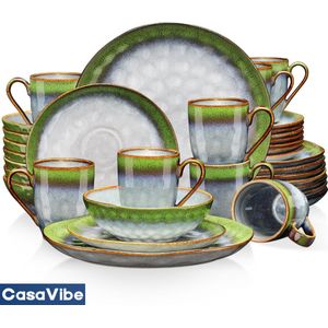CasaVibe Serviesset – 32 delig – 8 persoons –Porselein - Luxe – Bordenset – Dinner platen – Dessertborden - Kommen - Mokken - Set - Groen - Wit