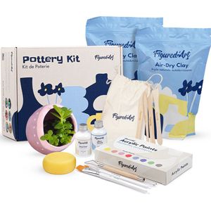 Figured'Art Pottenbakken Set voor Volwassenen met Premium Zelfhardende Klei, 2 kg, Zonder Oven voor Beginners, Luchtdrogend. 100% Gebruiksklaar met Gereedschap, Verf, Penselen, Vernis & Handleidingen