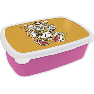 Broodtrommel Roze - Lunchbox - Brooddoos - Vintage - Banaan - Schort - 18x12x6 cm - Kinderen - Meisje