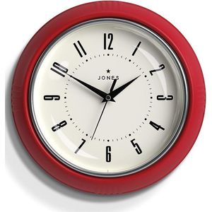 Ronde Retro Wandklok - The Ketchup Round Clock - Makkelijk leesbare cijfers, zwarte wandklok perfect als keukenklok, kantoorklok, woonkamerklok - Retro klok 25cm - Rood