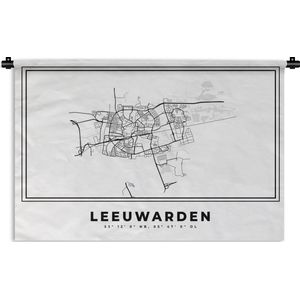 Wandkleed - Wanddoek - Stadskaart – Zwart Wit - Kaart – Leeuwarden – Nederland – Plattegrond - 90x60 cm - Wandtapijt