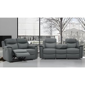 Vente-unique Driezits- en tweezits relaxbank EVASION van leer - grijs - met barblad L 205 cm x H 100 cm x D 96 cm