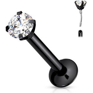 Piercing push in - zwart met witte CZ ronde steen 1X6