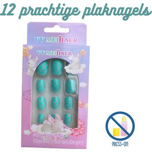 Kinder Plaknagels | Valse Nagels | 12 Stuks | Geen Lijm Nodig | Turquoise Schubben