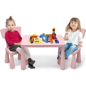 COSTWAY 3-delig kinderzitgroep, kindertafelgroep, kindertafel met 2 stoelen, kindermeubels van kunststof, kinderplacemat voor kleuterschool en kinderkamer (roze)