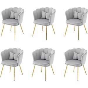 Merax Set van 6 Moderne Fluwelen Stoelen - Gestoffeerde Eetkamerstoelen met Bloemblaadjes-Rugleuning - Vergulde Metalen Poten en Vlinderkussens - Voor Woonkamer - Slaapkamer en Eetkamer