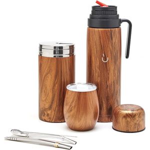 Complete yerba mate set, modern mate kalebas, thermoskan, yerba container, twee pompons en schoonmaakborsteltje aanwezig, alles premium kwaliteit 304 18/8 roestvrij staal (hout)