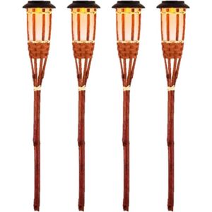 8x Oranje buiten/tuin Led fakkel Bodi solar verlichting bamboe 54 cm vlam - Tuinfakkel - Tuinlampen - Lampen op zonne-energie