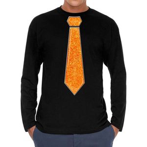 Bellatio Decorations Verkleed shirt heren - stropdas glitter oranje - zwart - carnaval - longsleeve XXL